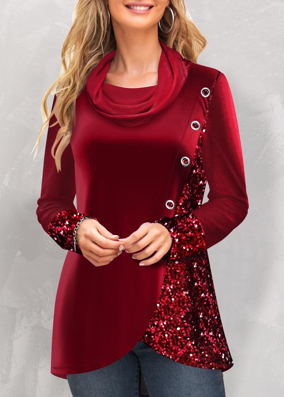 Wine Red tops,Plain Color tops,ROTITA Eyelet Wine Red Cowl Neck Long Sleeve Sweatshirt