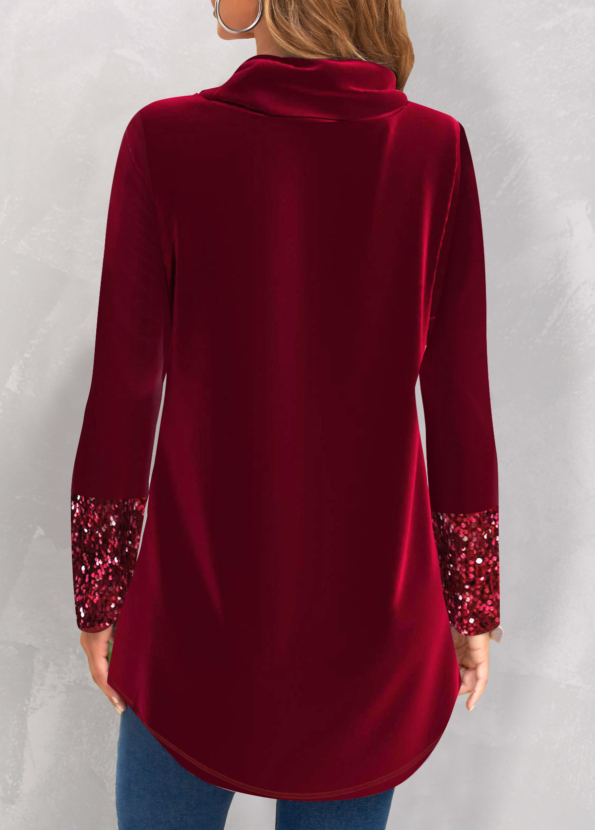 Wine Red tops,Plain Color tops,ROTITA Eyelet Wine Red Cowl Neck Long Sleeve Sweatshirt
