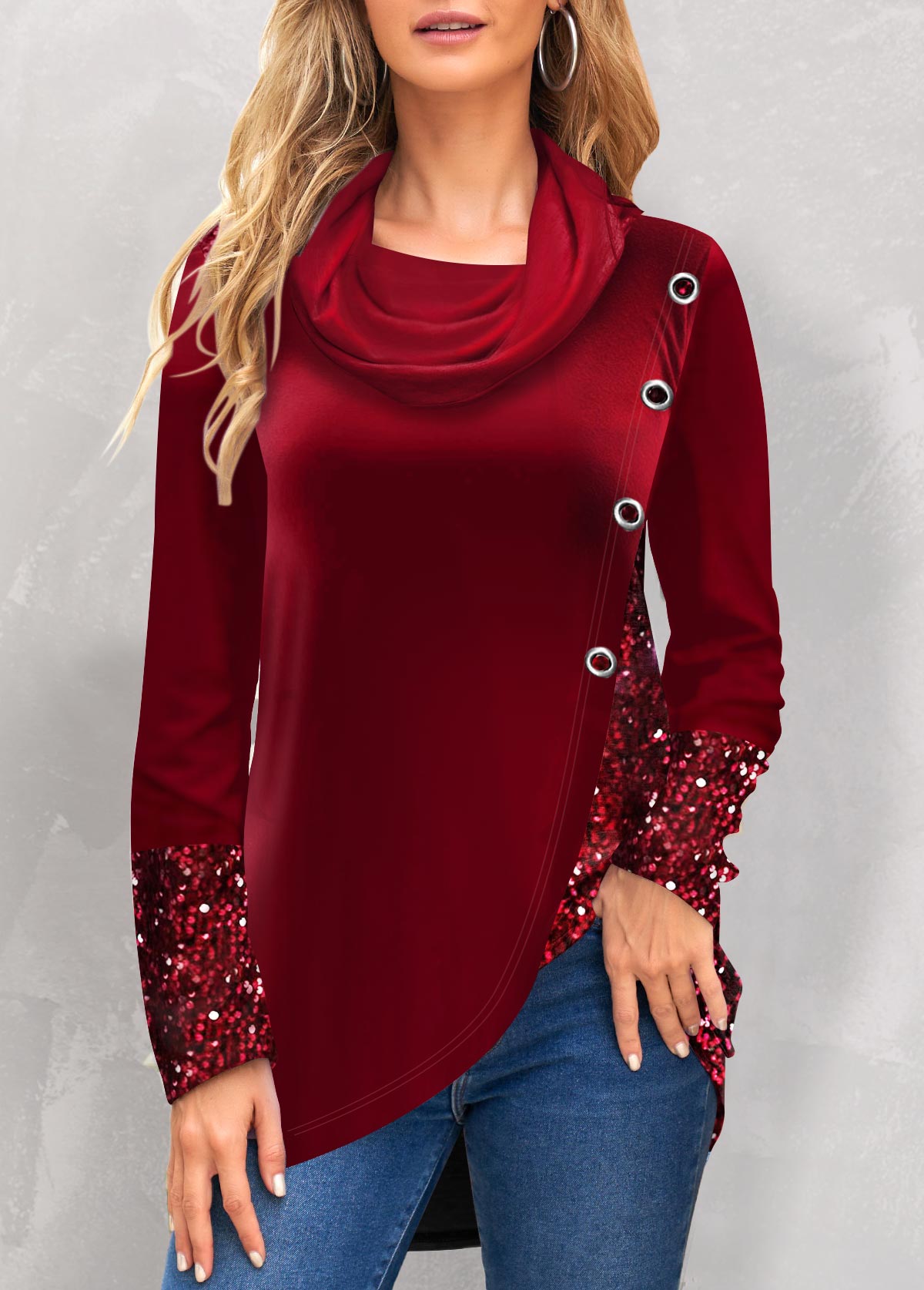Wine Red tops,Plain Color tops,ROTITA Eyelet Wine Red Cowl Neck Long Sleeve Sweatshirt