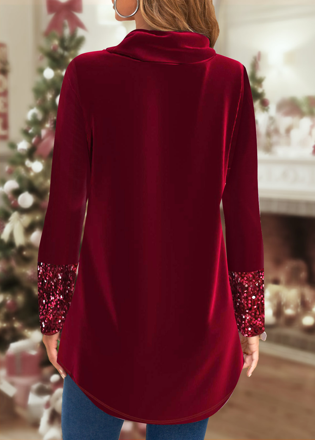 Wine Red tops,Plain Color tops,ROTITA Eyelet Wine Red Cowl Neck Long Sleeve Sweatshirt