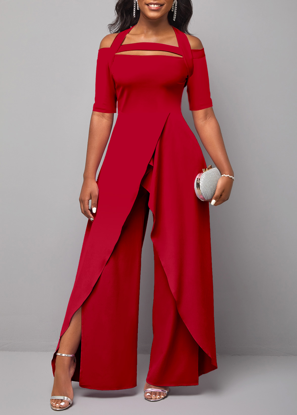 Red jumpsuits & rompers,Plain Color jumpsuits & rompers,ROTITA Cold Shoulder Short Sleeve Red Jumpsuit