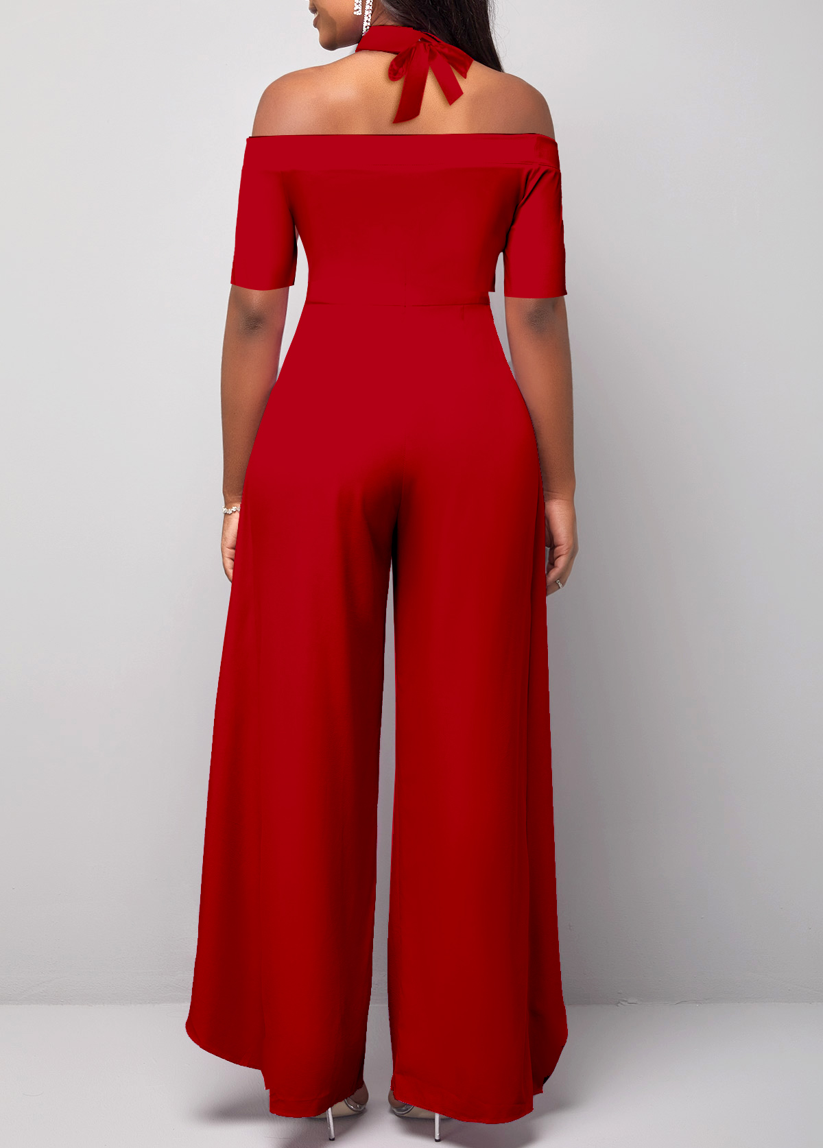 Red jumpsuits & rompers,Plain Color jumpsuits & rompers,ROTITA Cold Shoulder Short Sleeve Red Jumpsuit