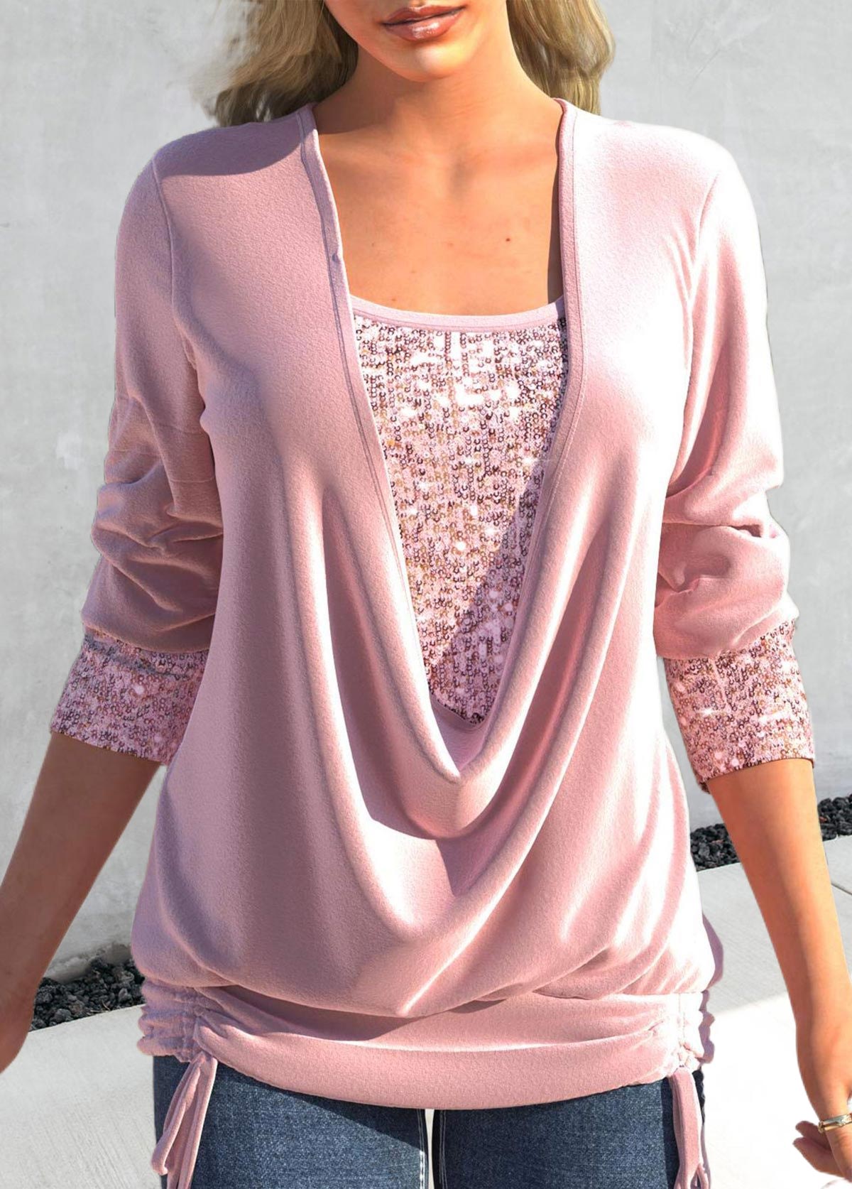 ROTITA Sequin Light Pink Square Neck T Shirt
