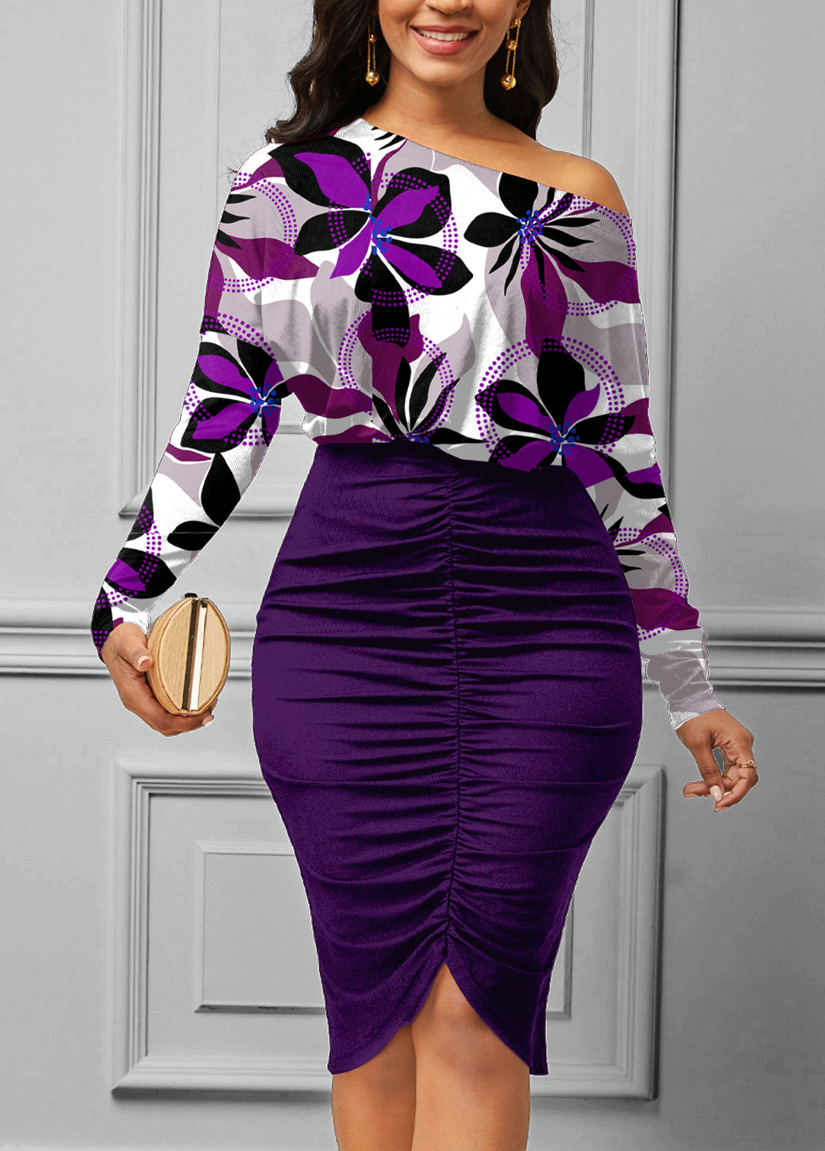 ROTITA Floral Print Purple Shirred Bodycon Dress