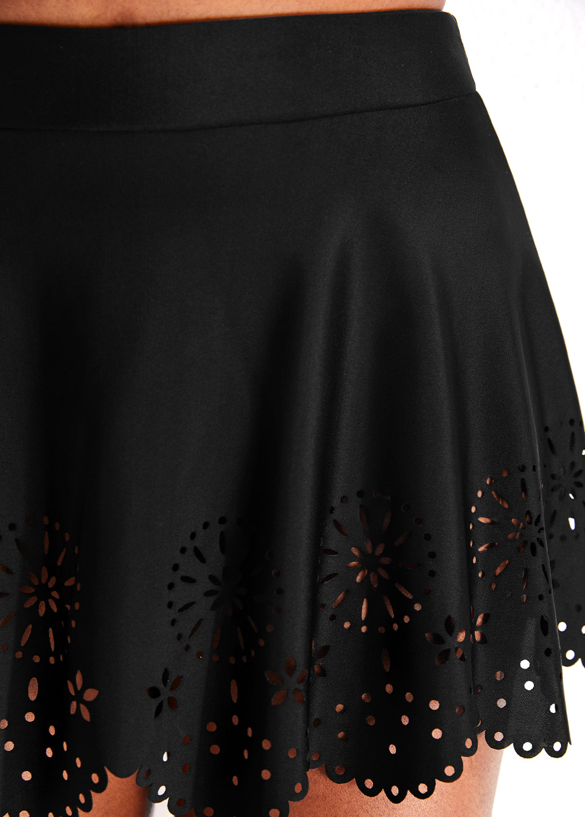 Black swimwear,Plain Color swimwear,ROTITA Black Hollow High Waisted Swim Skirt