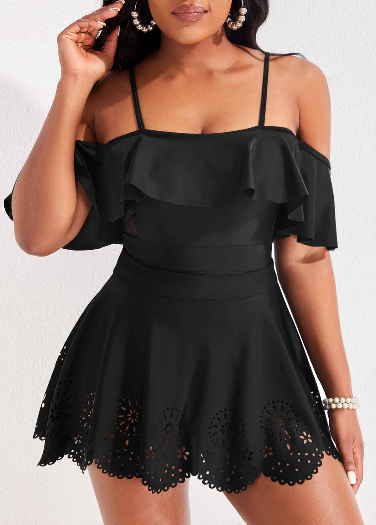 Black swimwear,Plain Color swimwear,ROTITA Black Hollow High Waisted Swim Skirt