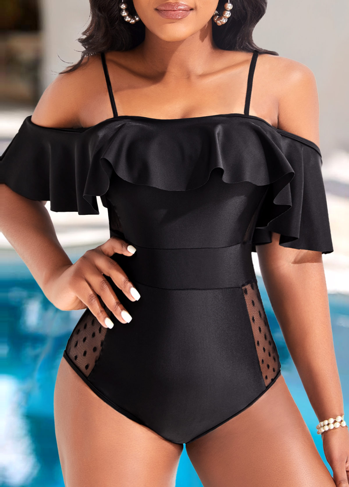 ROTITA Lace Flounce Black One Piece Swimwear