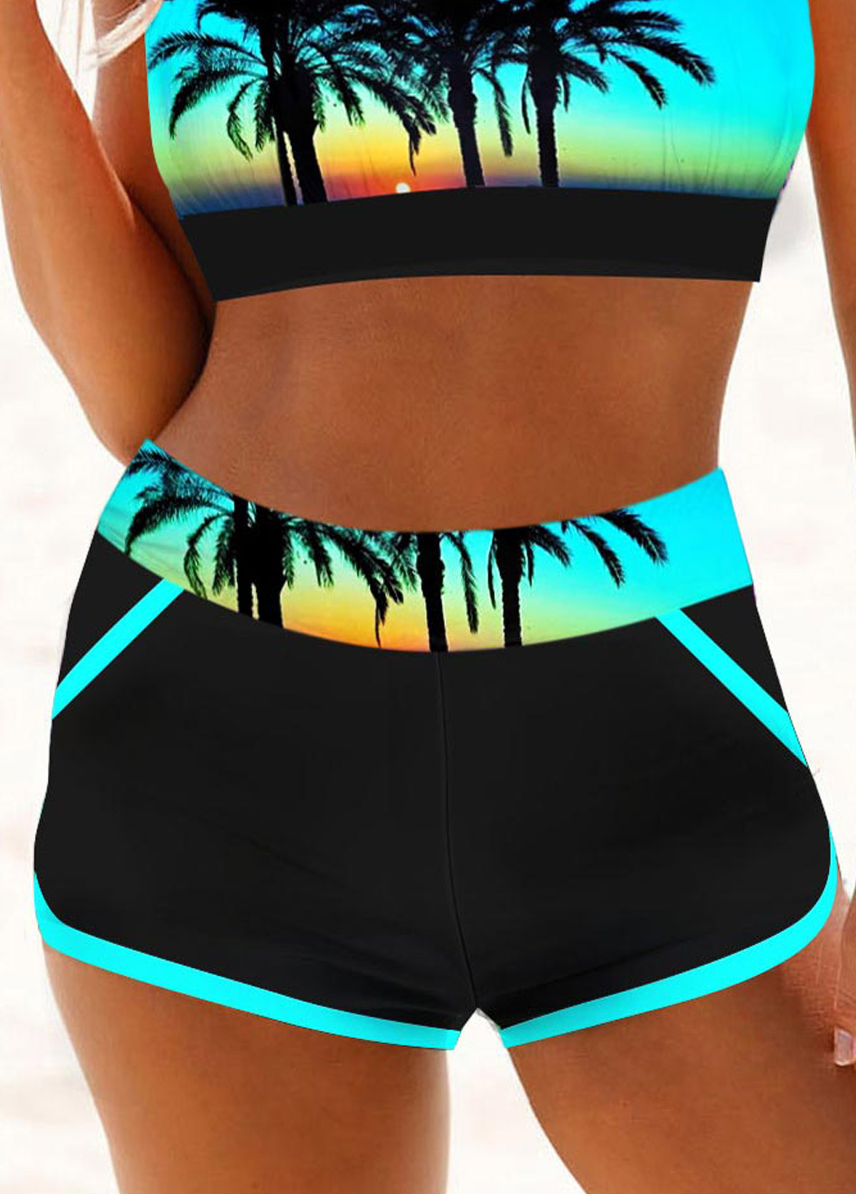 Cyan swimwear,Graphic swimwear,Plants swimwear,ROTITA Cyan Contrast Stitch Landscape Print Bikini Top