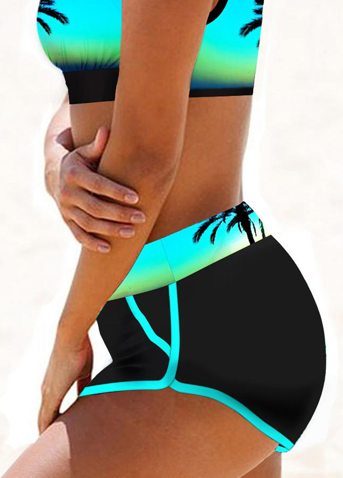 Cyan swimwear,Graphic swimwear,Plants swimwear,ROTITA Cyan Contrast Stitch Landscape Print Bikini Top