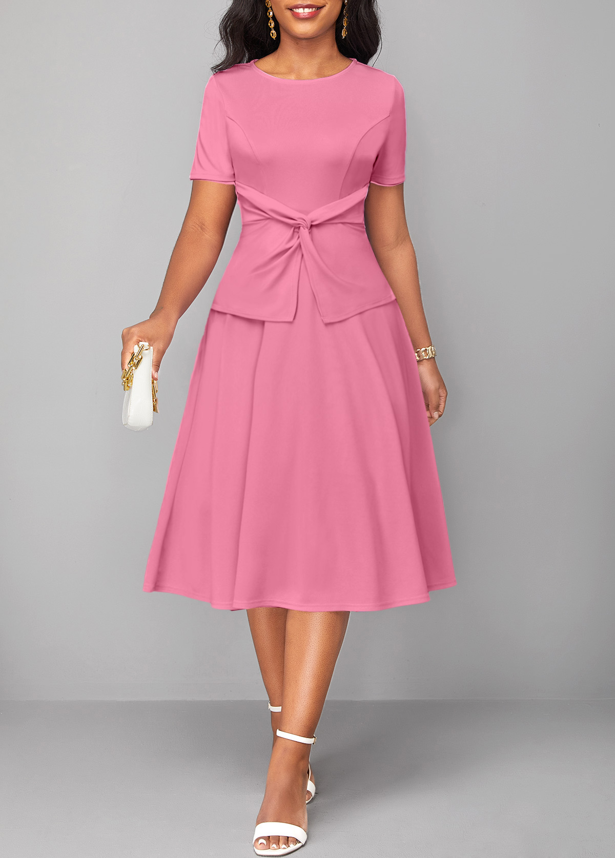 ROTITA Twist Pink Round Neck Short Sleeve Dress