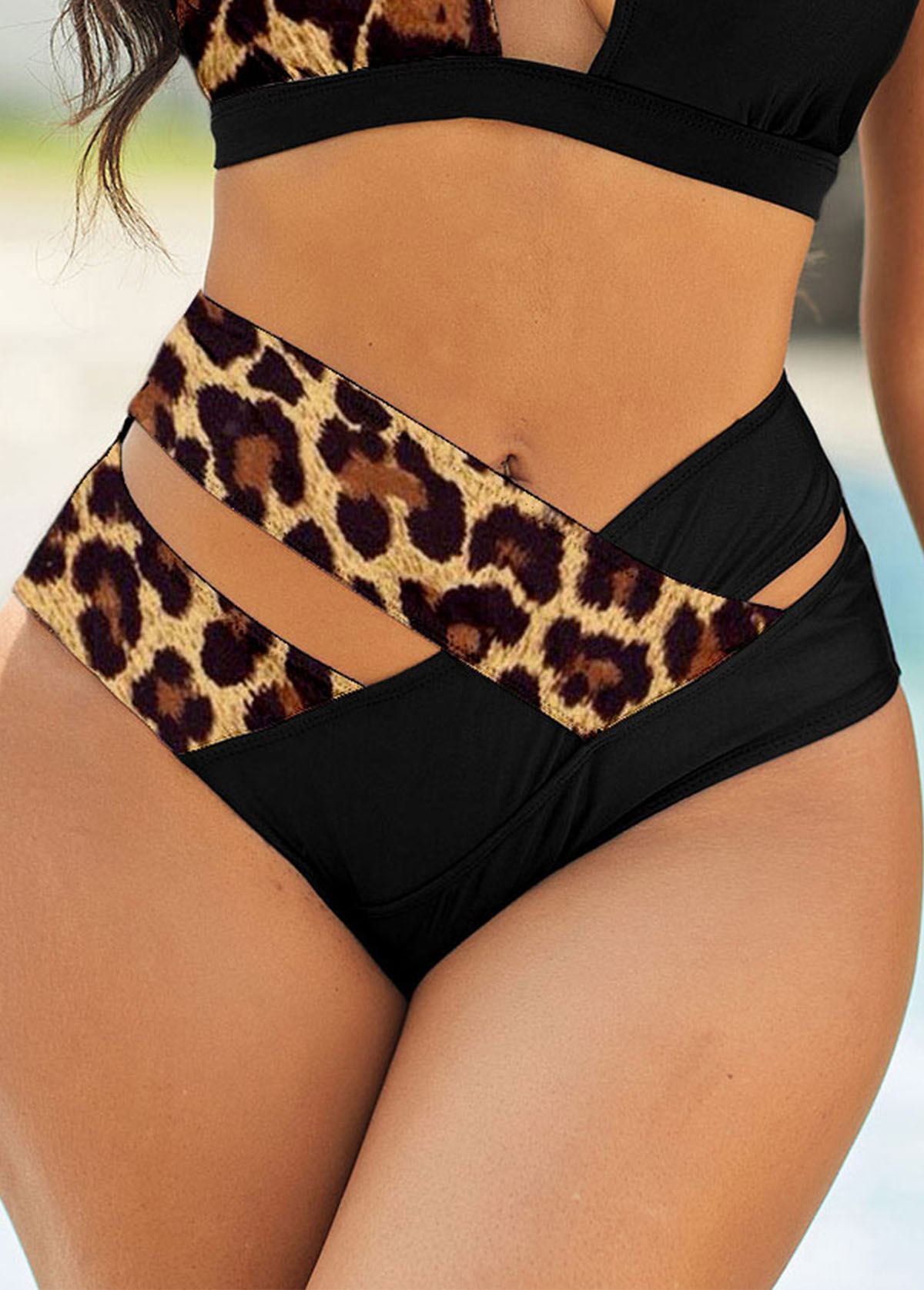 ROTITA Cutout Leopard Mid Waisted Bikini Bottom