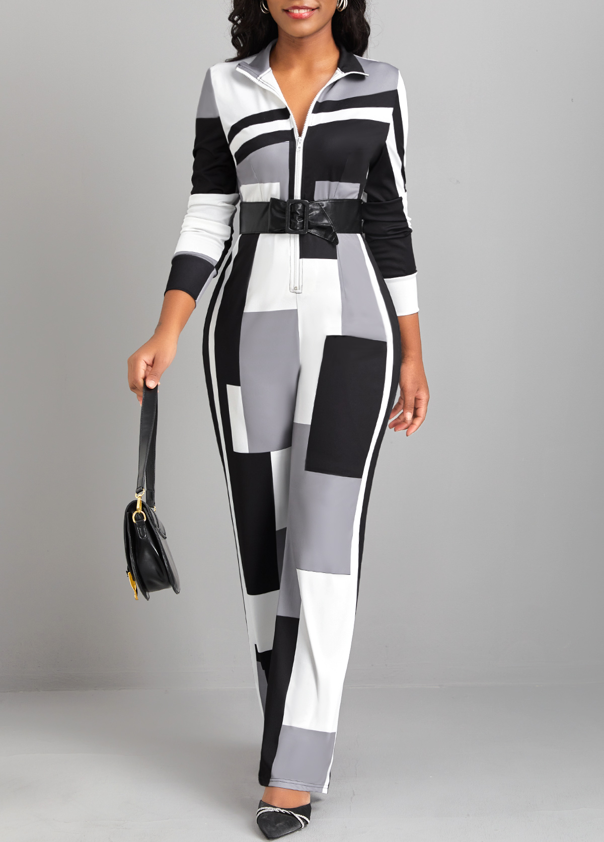 ROTITA Zipper Geometric Print Black Long Skinny Jumpsuit