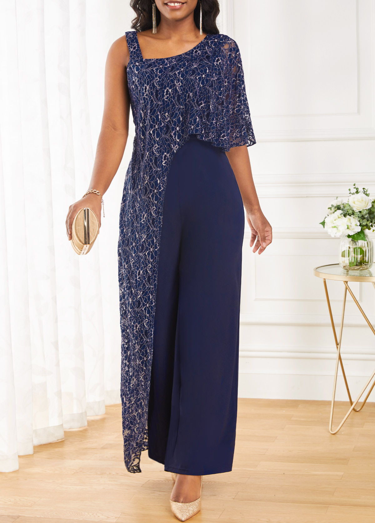 Navy jumpsuits & rompers,Plain Color jumpsuits & rompers,ROTITA Navy One Shoulder Sleeveless Lace Jumpsuit