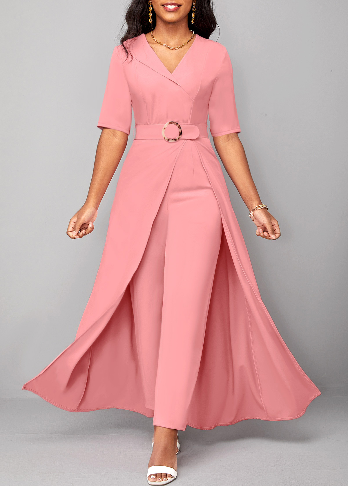 ROTITA Pink Short Sleeve Belted V Neck Jumpsuit