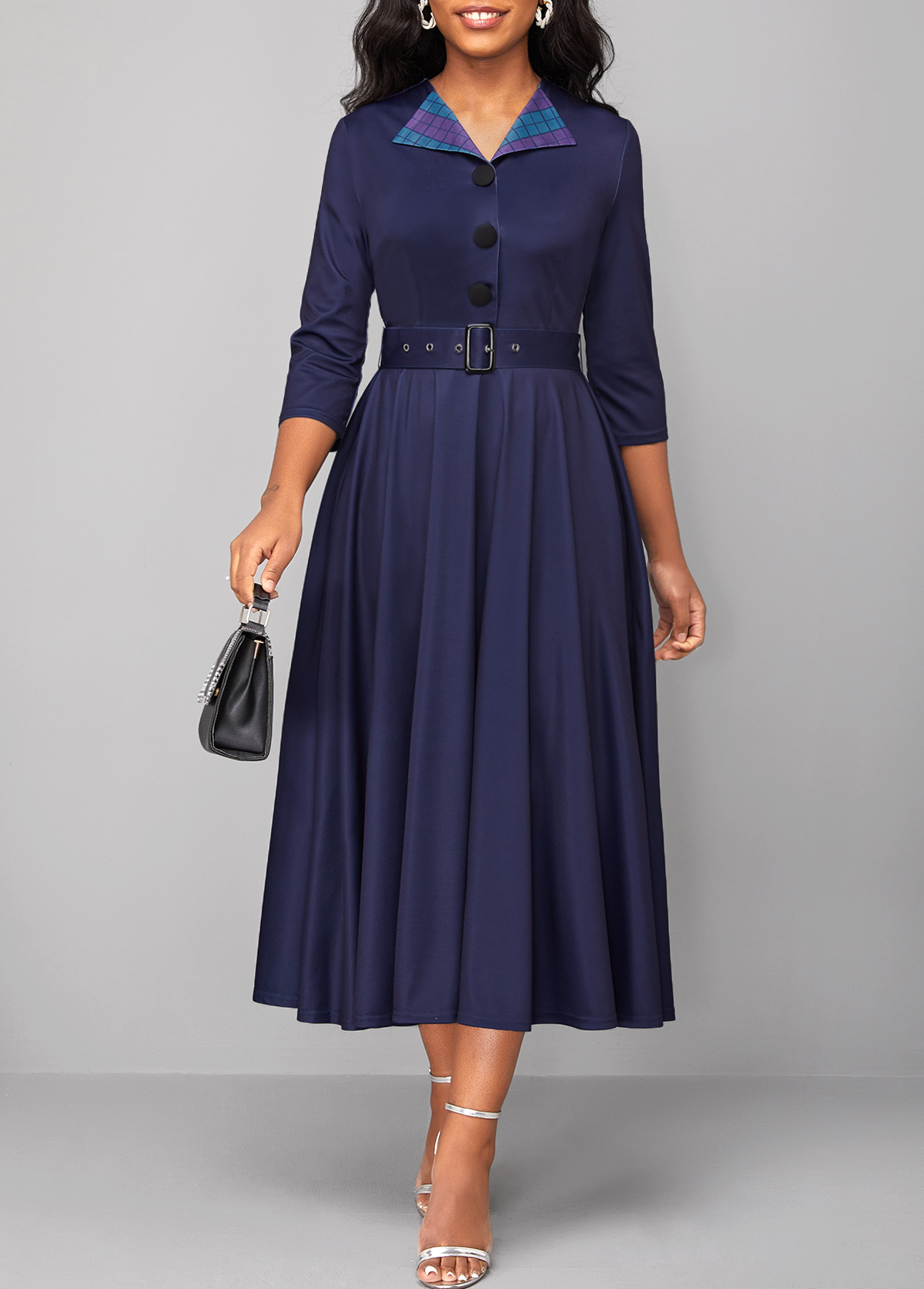 Navy dresses,Plaid dresses,Geometric dresses,ROTITA Button Plaid Navy Belted Turn Down Collar Dress