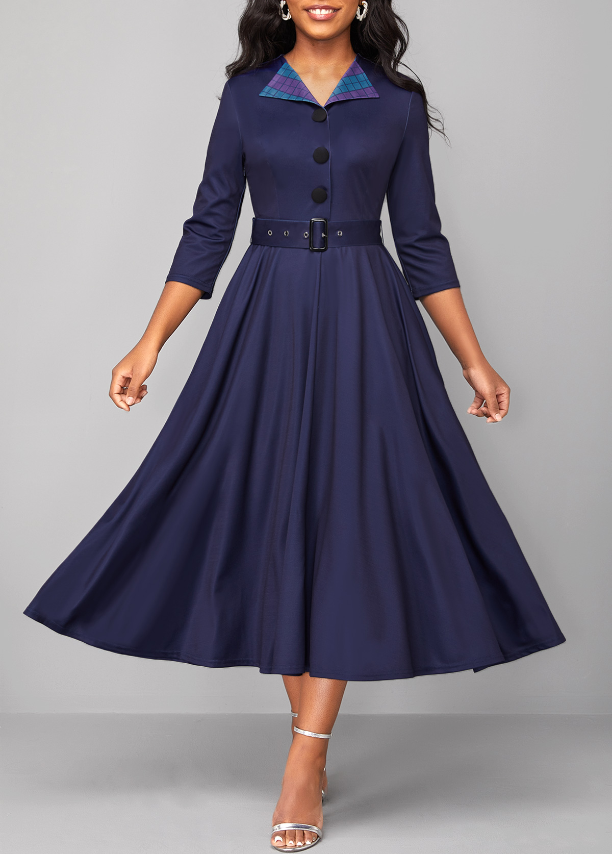 Navy dresses,Plaid dresses,Geometric dresses,ROTITA Button Plaid Navy Belted Turn Down Collar Dress