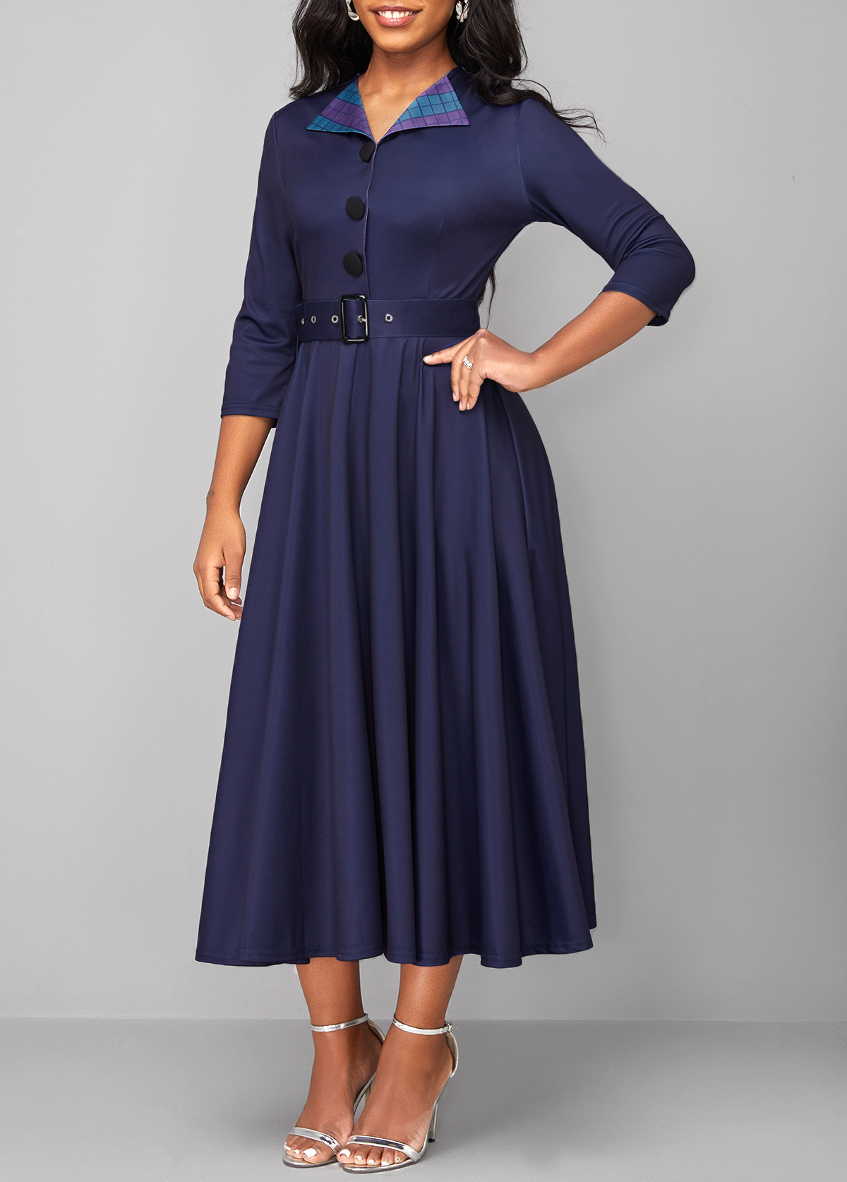 Navy dresses,Plaid dresses,Geometric dresses,ROTITA Button Plaid Navy Belted Turn Down Collar Dress