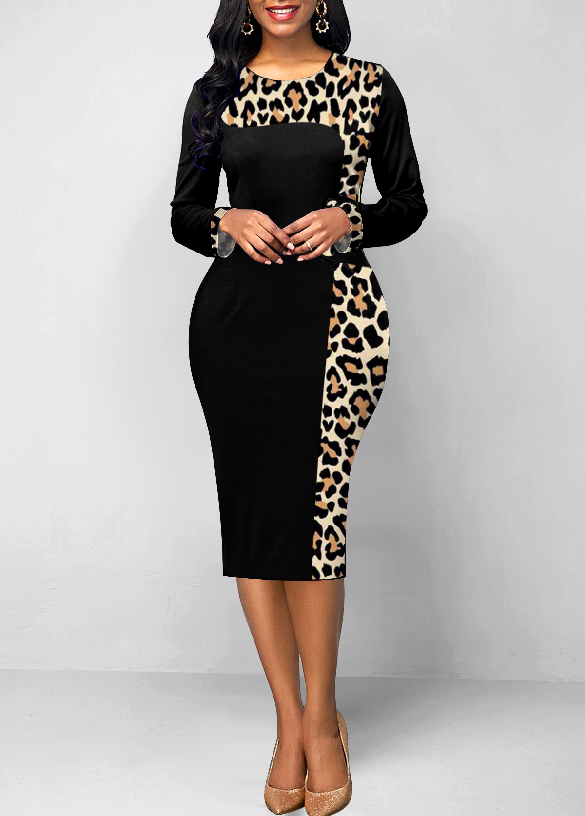 Black dresses,Leopard dresses,ROTITA Patchwork Leopard Black Round Neck Bodycon Dress