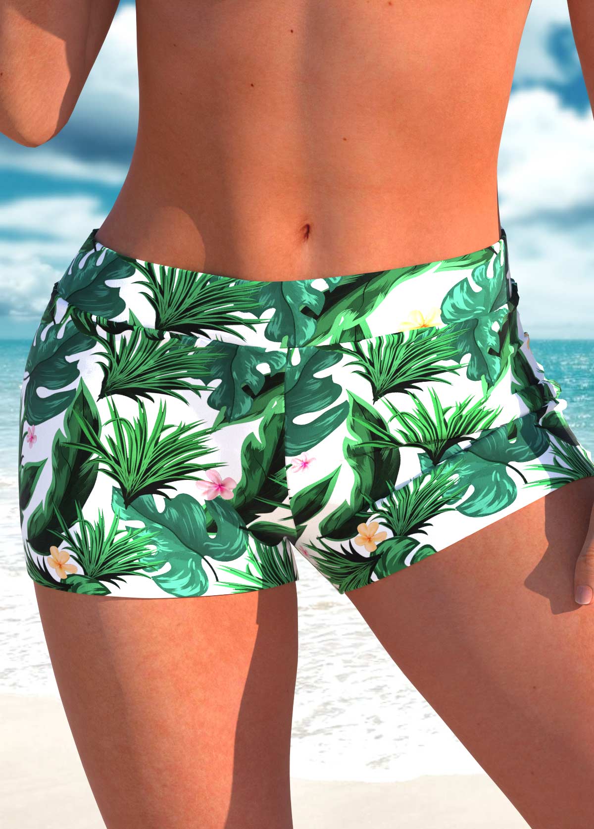 ROTITA Green Tropical Plants Print High Waisted Swim Shorts