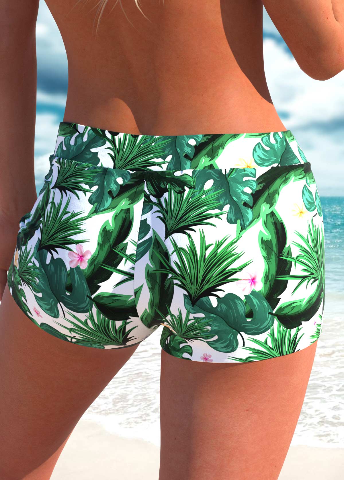 Green swimwear,Plants swimwear,ROTITA Fake 2in1 Green Leaf Print Tankini Top