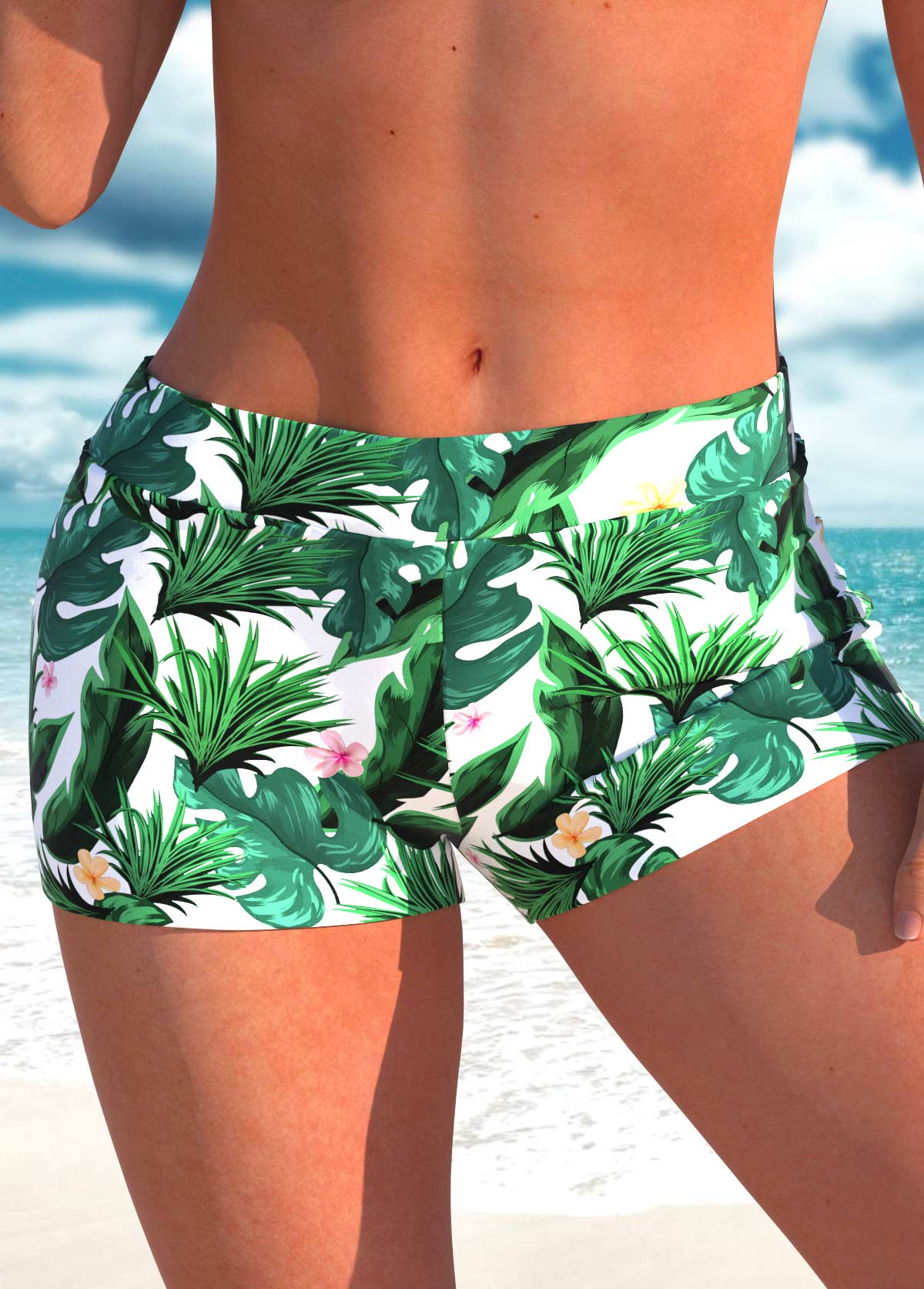 Green swimwear,Plants swimwear,ROTITA Fake 2in1 Green Leaf Print Tankini Top