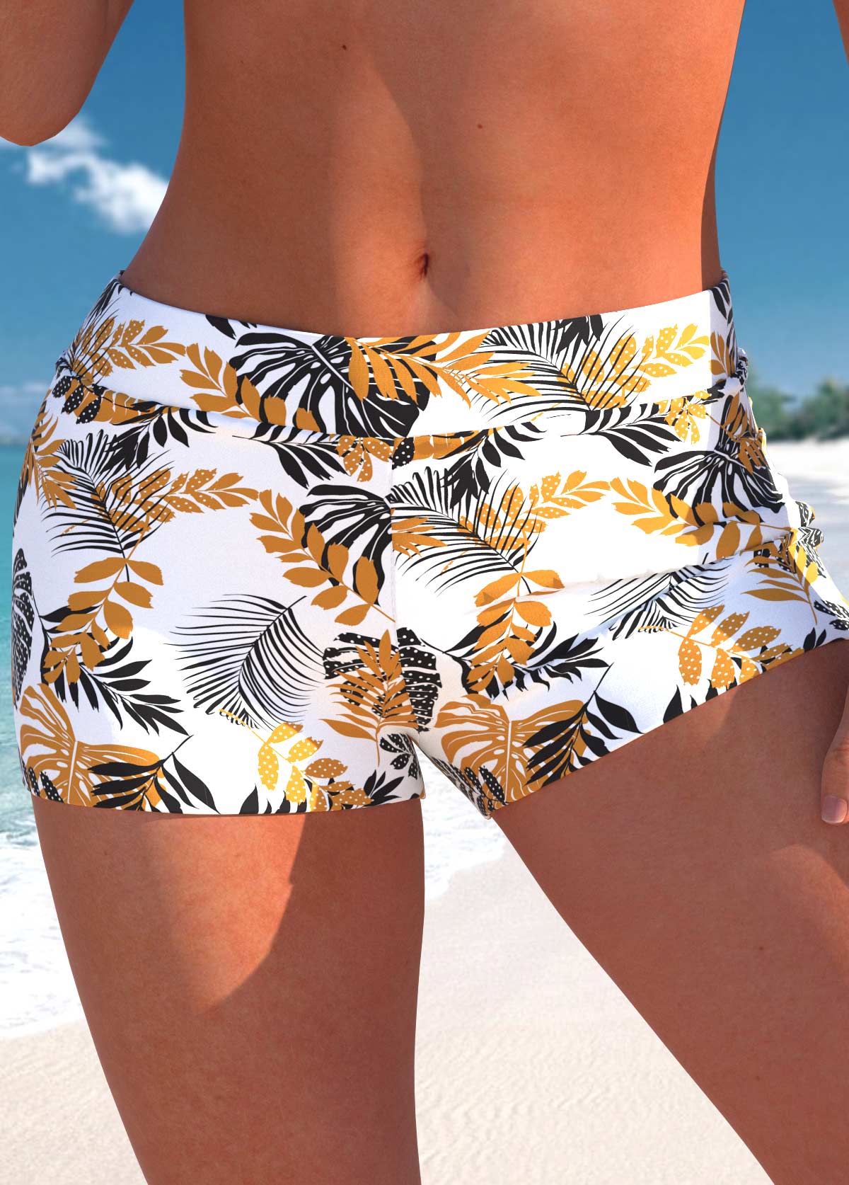 White swimwear,Plants swimwear,ROTITA White Leaf Print High Waisted Swim Shorts