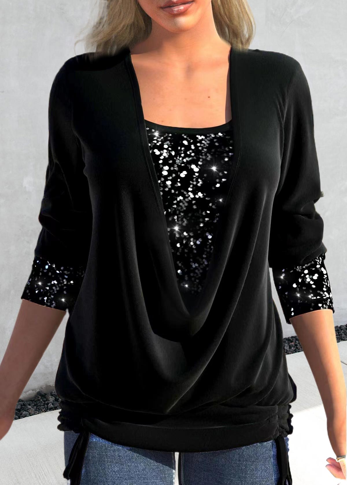 ROTITA Sequin Black Square Neck Long Sleeve T Shirt