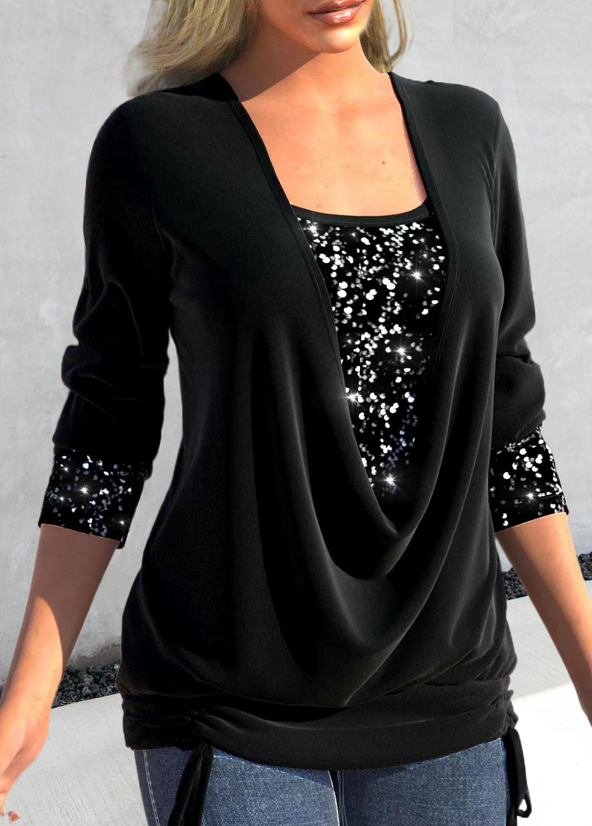 Black tops,Plain Color tops,ROTITA Sequin Black Square Neck Long Sleeve T Shirt