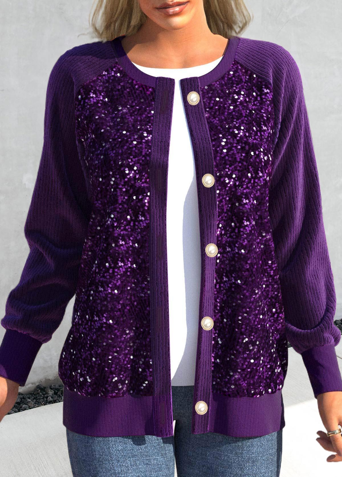 ROTITA Sequin Dark Purple Round Neck Long Sleeve Cardigan