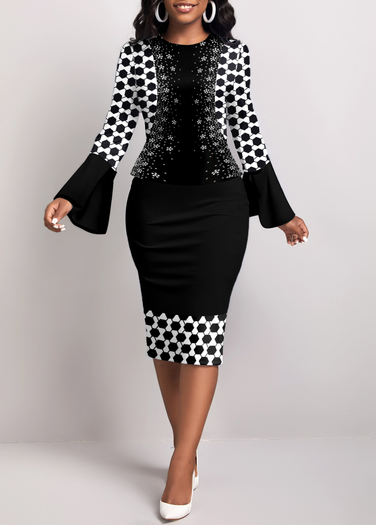 ROTITA Fake 2in1 Geometric Print Black Bodycon Dress