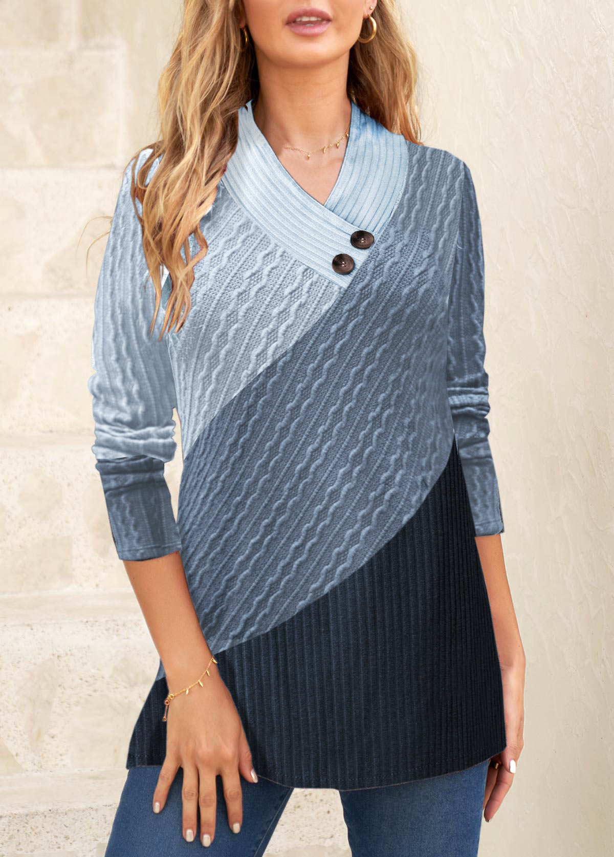 ROTITA Plus Size Blue V Neck Long Sleeve Sweatshirt