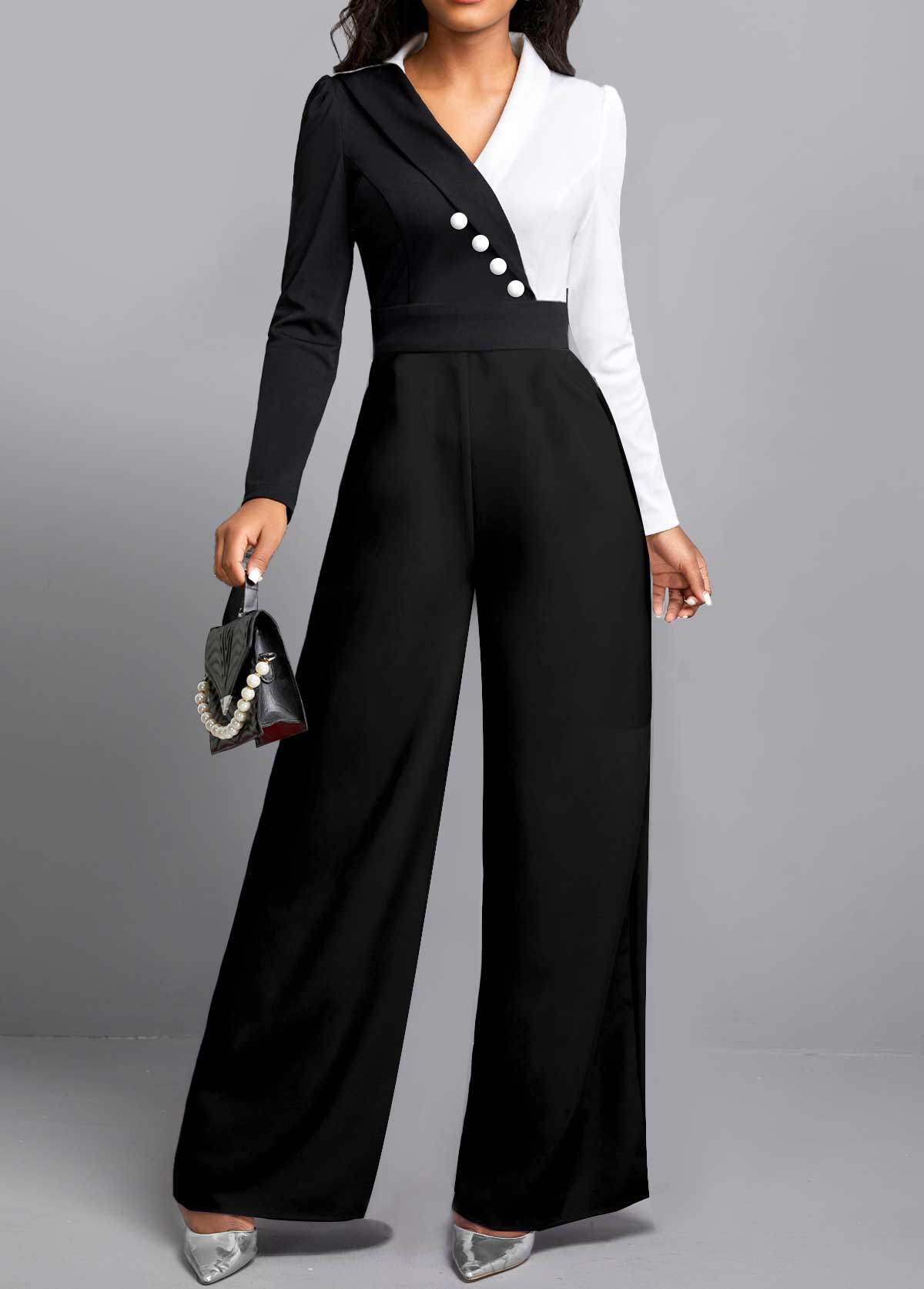 ROTITA Long Sleeve Black Button Contrast Jumpsuit