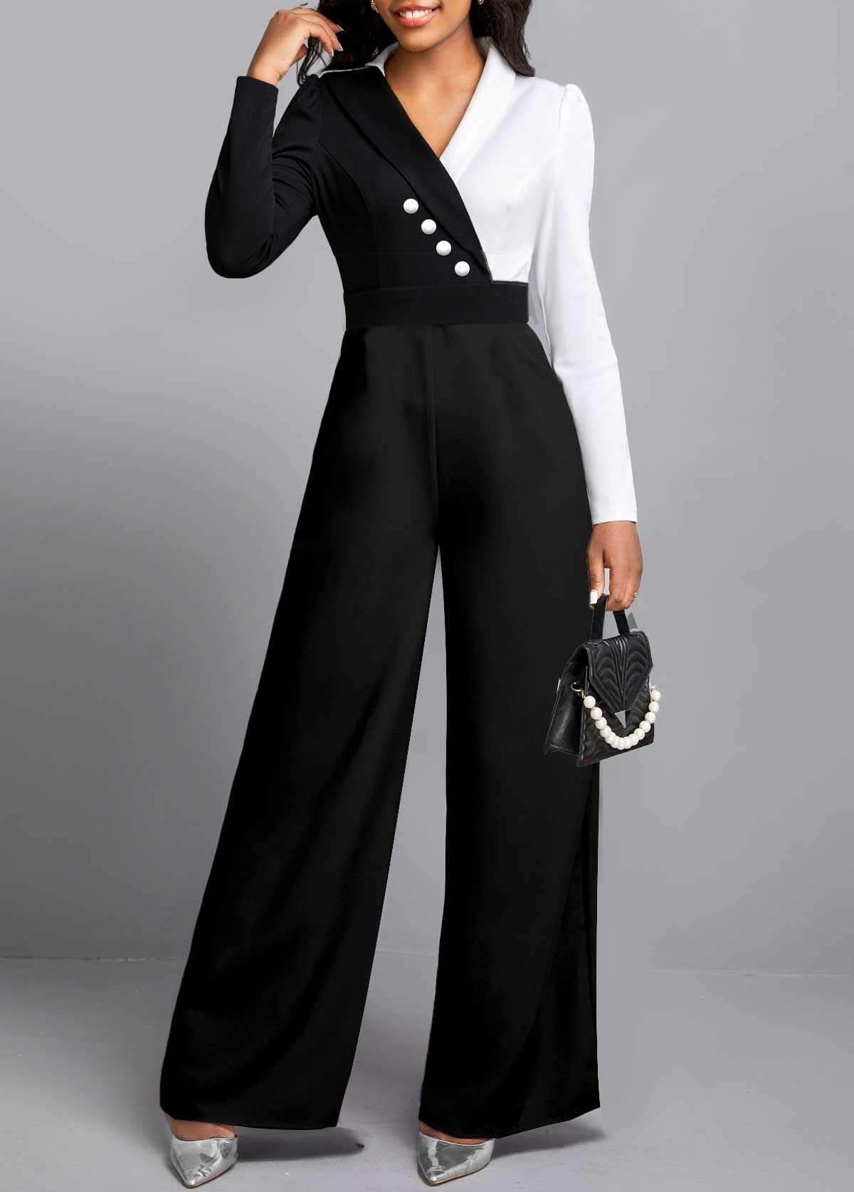 Black jumpsuits & rompers,Contrast Color jumpsuits & rompers,ROTITA Long Sleeve Black Button Contrast Jumpsuit