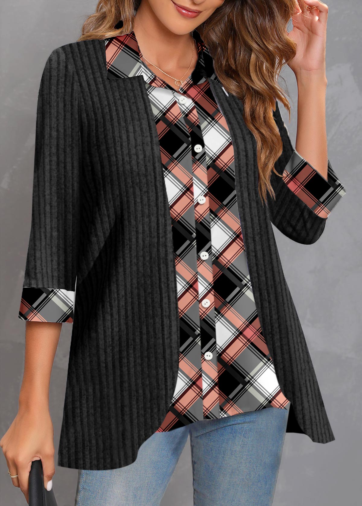 ROTITA Fake 2in1 Plaid Black Shirt Collar Blouse