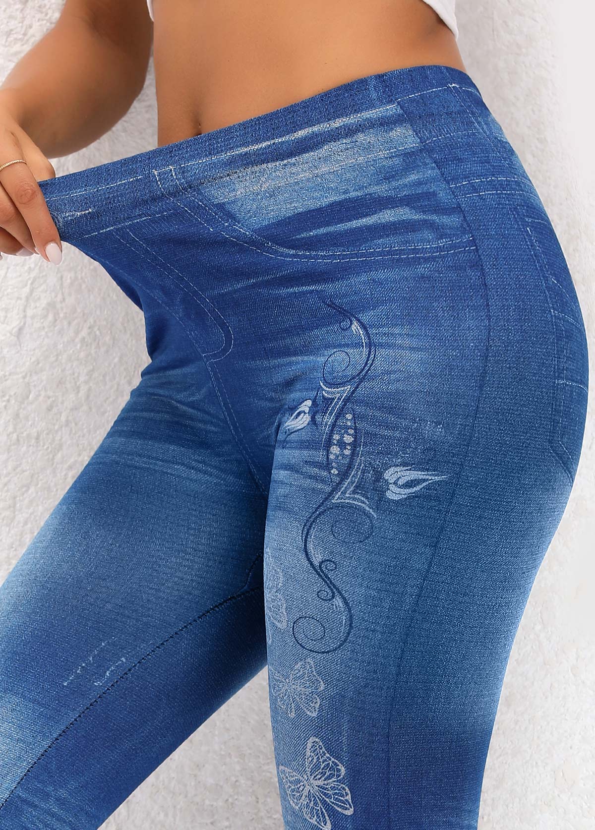 Denim Blue bottoms,Animal Print bottoms,Butterfly Print Denim Blue High Waisted Leggings