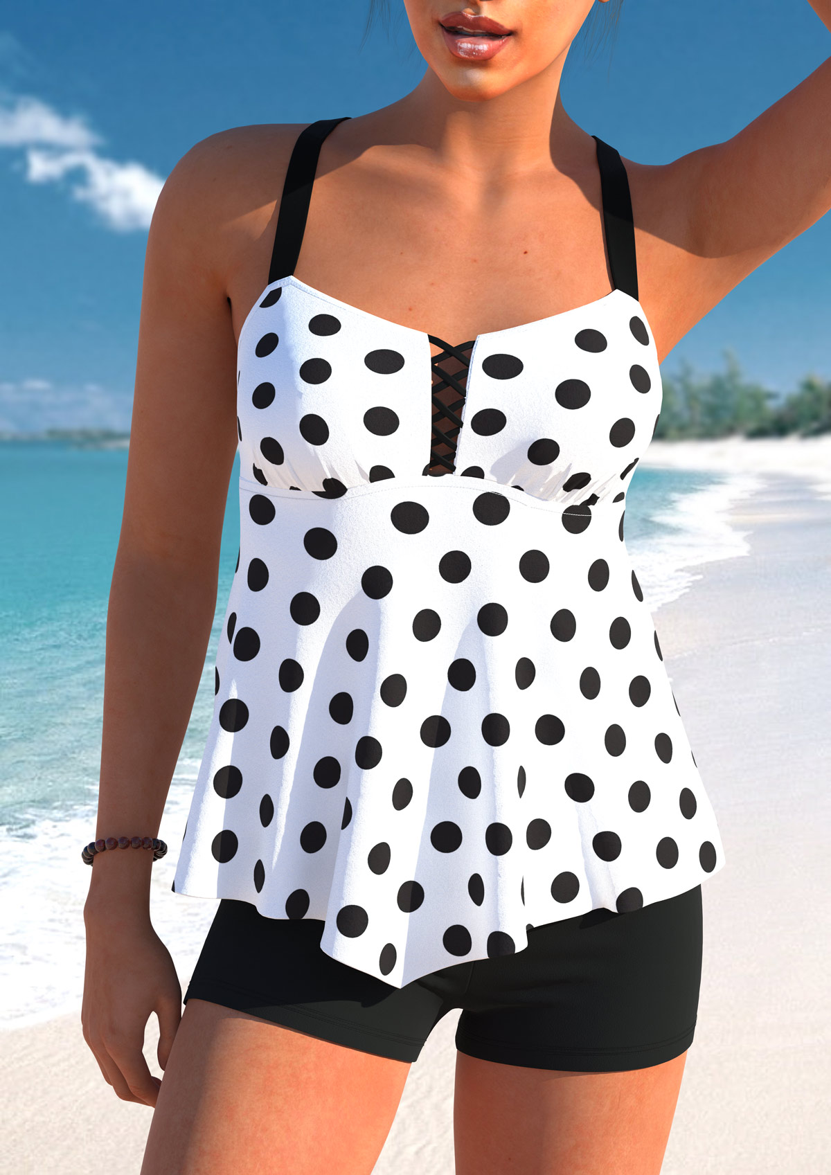 ROTITA Asymmetry White Polka Dot Tankini Top-No Bottom