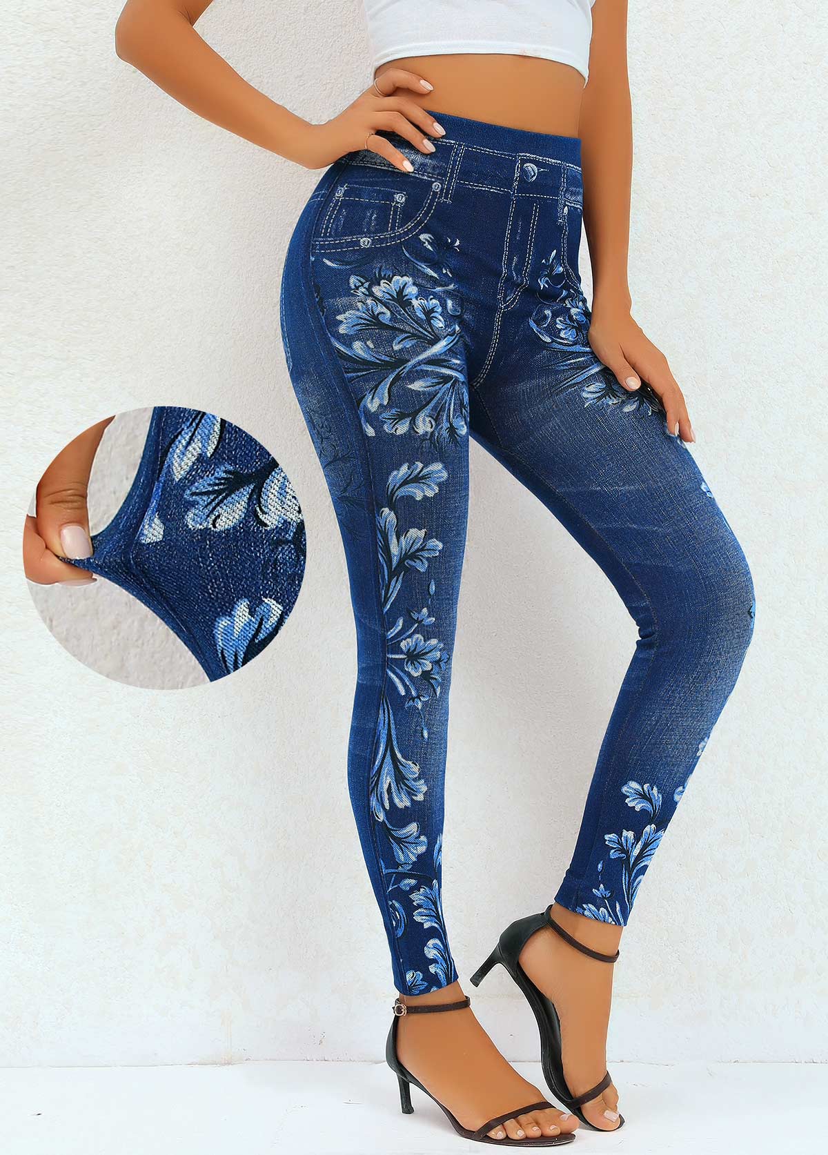 Floral Print Navy High Waisted Elastic Waist Leggings