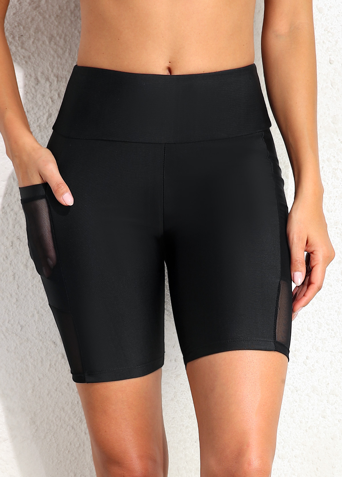 Black swimwear,Plain Color swimwear,ROTITA Black High Pocket Waisted Swim Shorts