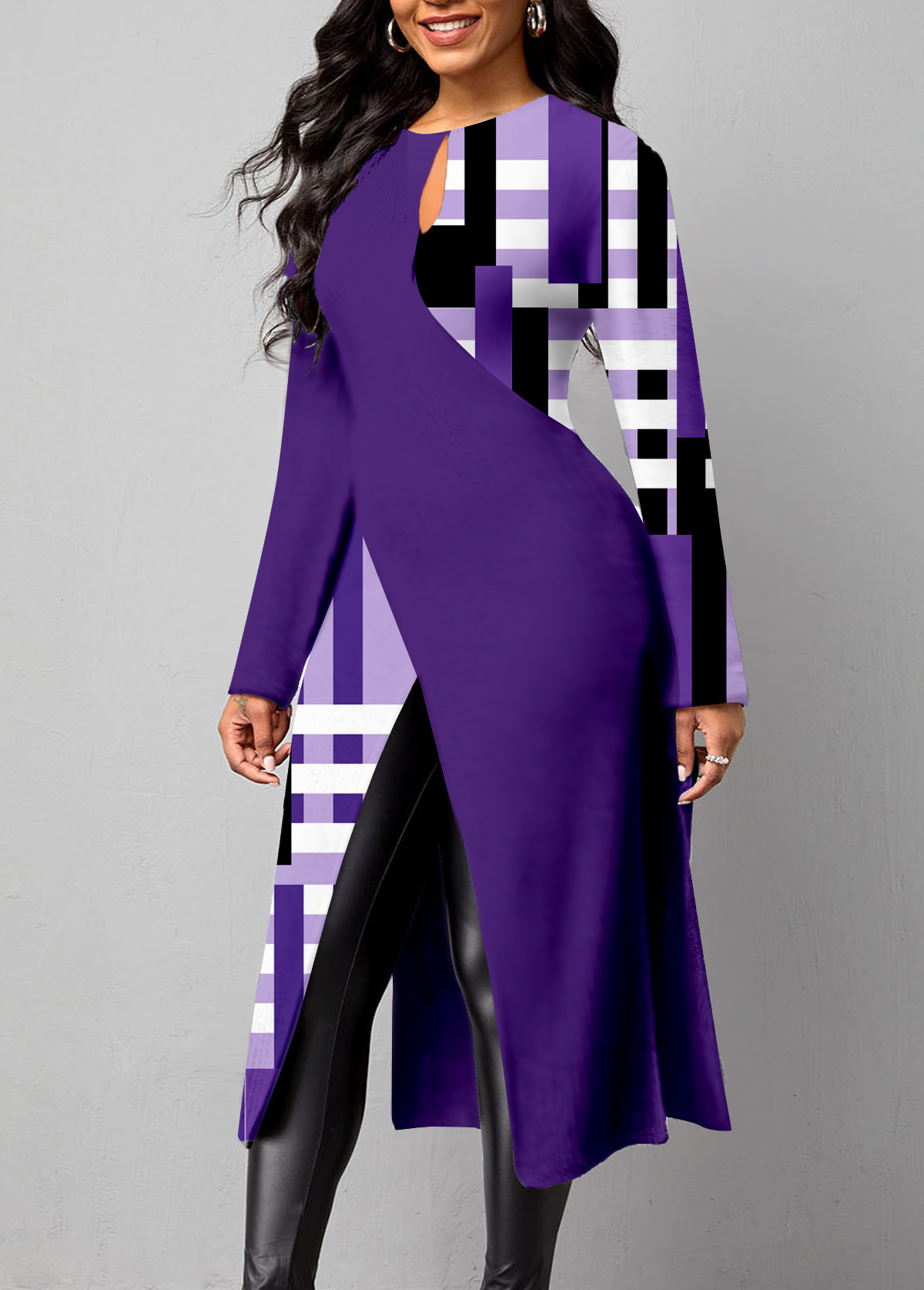 Purple tops,Plaid tops,Geometric tops,ROTITA Split Plaid Purple Round Neck Long Sleeve Blouse