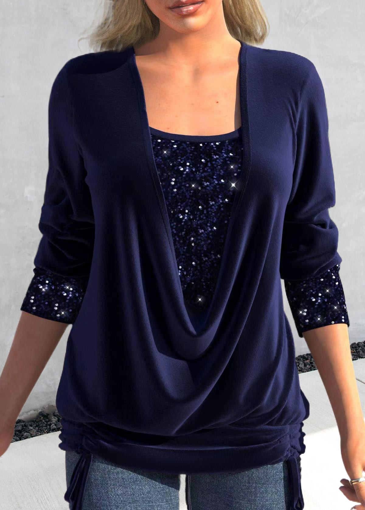 Navy tops,Plain Color tops,ROTITA Sequin Navy Square Neck Long Sleeve T Shirt