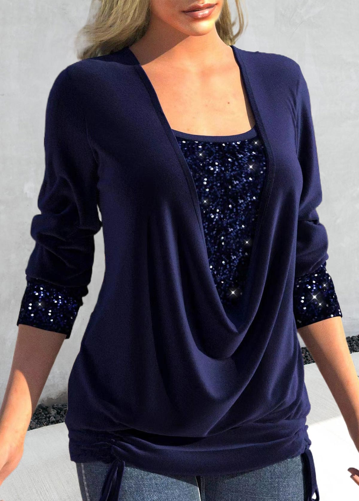 Navy tops,Plain Color tops,ROTITA Sequin Navy Square Neck Long Sleeve T Shirt