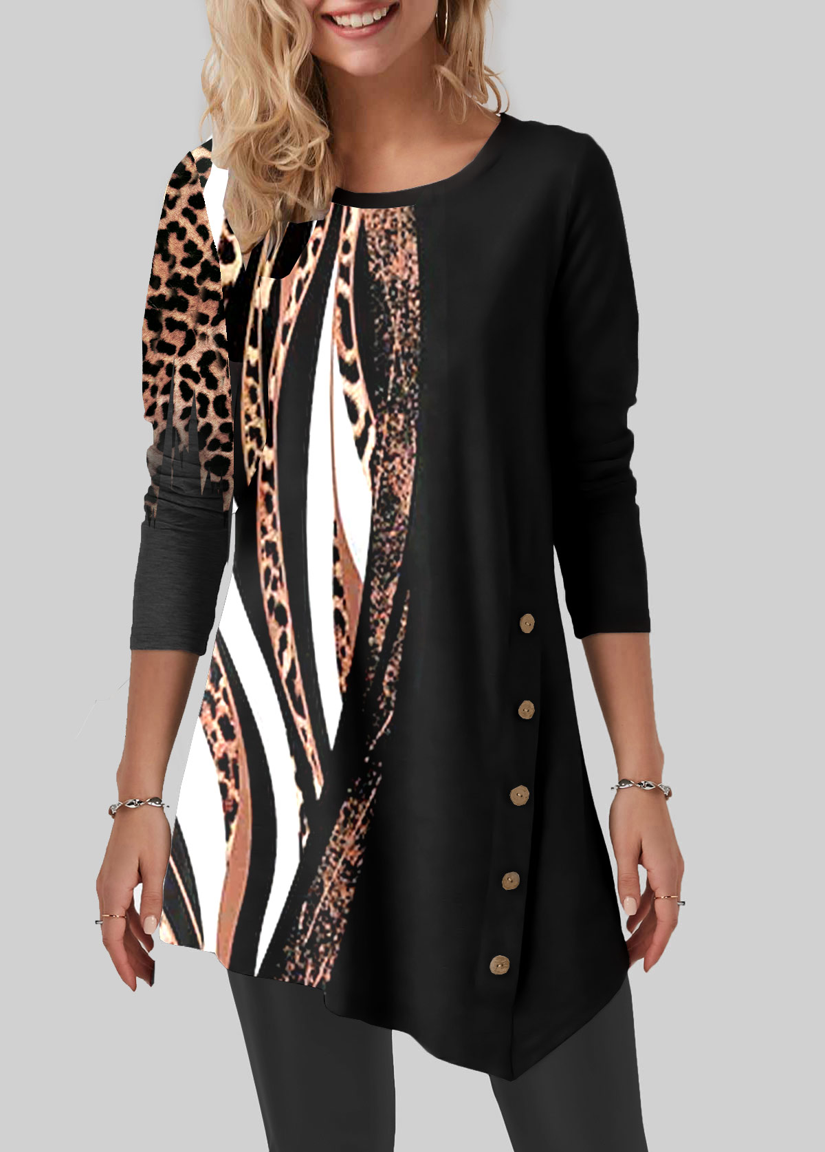 Black tops,Leopard tops,Animal Print tops,ROTITA Leopard Black Round Neck Long Sleeve T Shirt