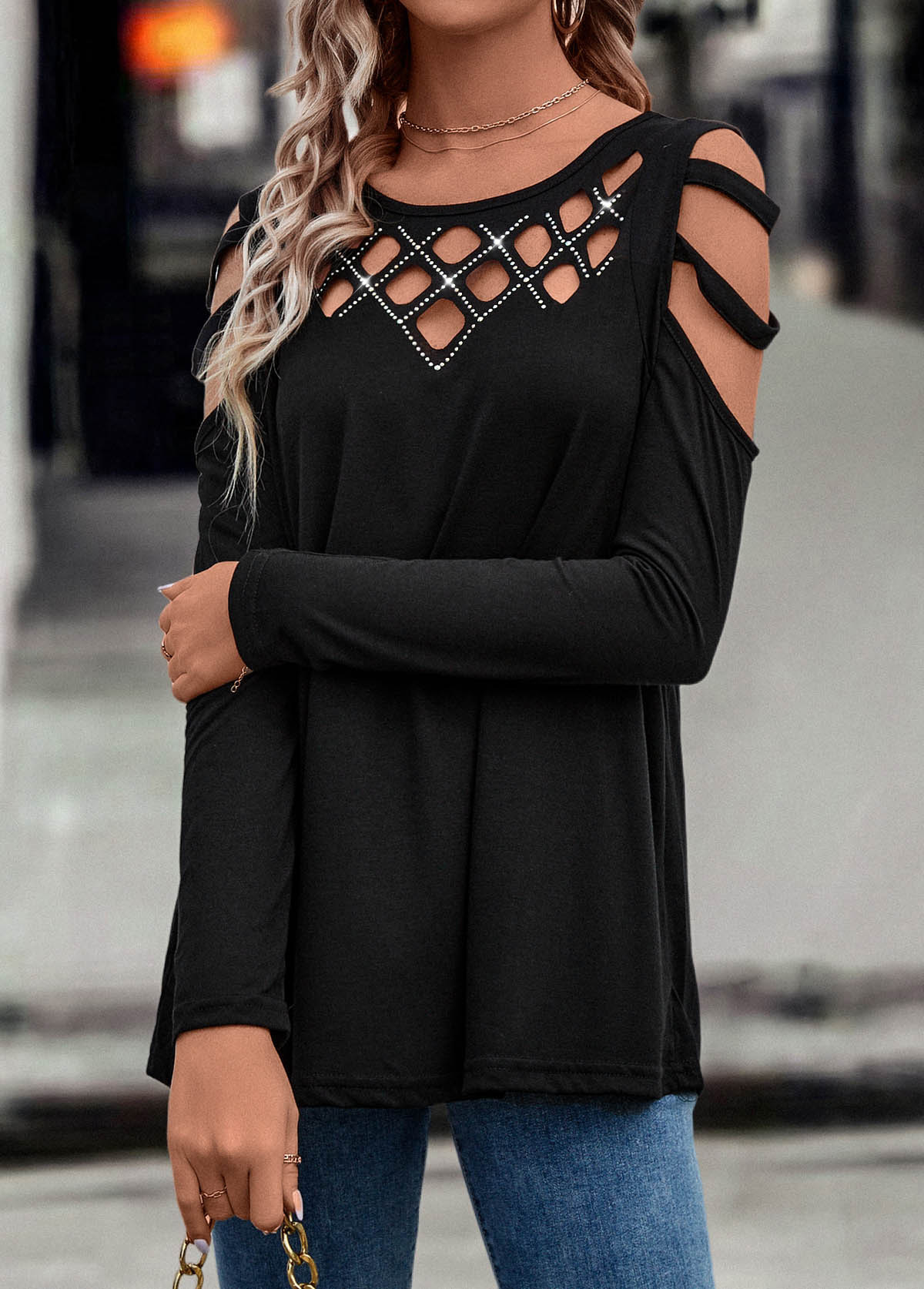 Black tops,Plain Color tops,Ladder Cutout Black Round Neck T Shirt