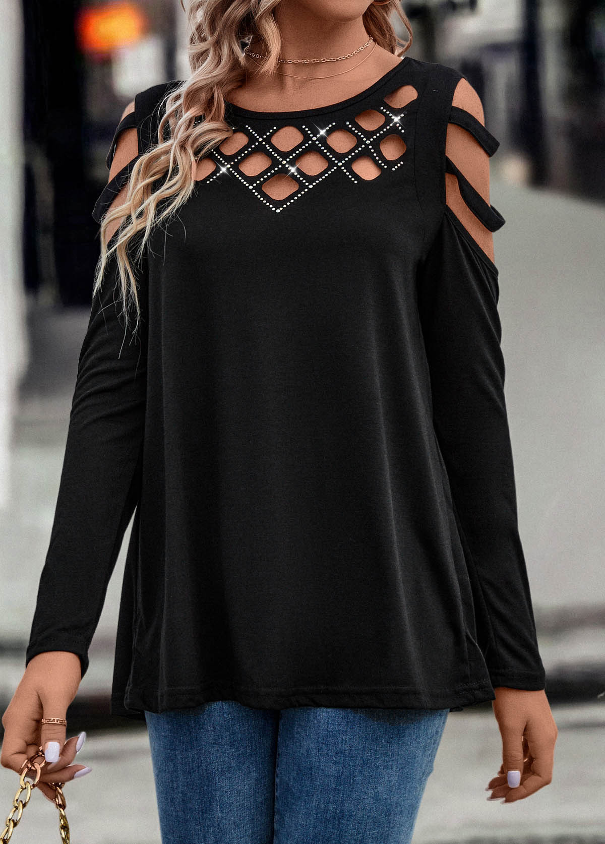 Black tops,Plain Color tops,Ladder Cutout Black Round Neck T Shirt