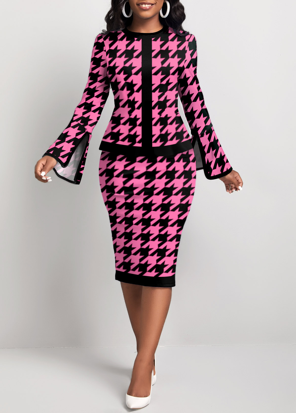 ROTITA Two Piece Houndstooth Print Hot Pink Top and Skirt