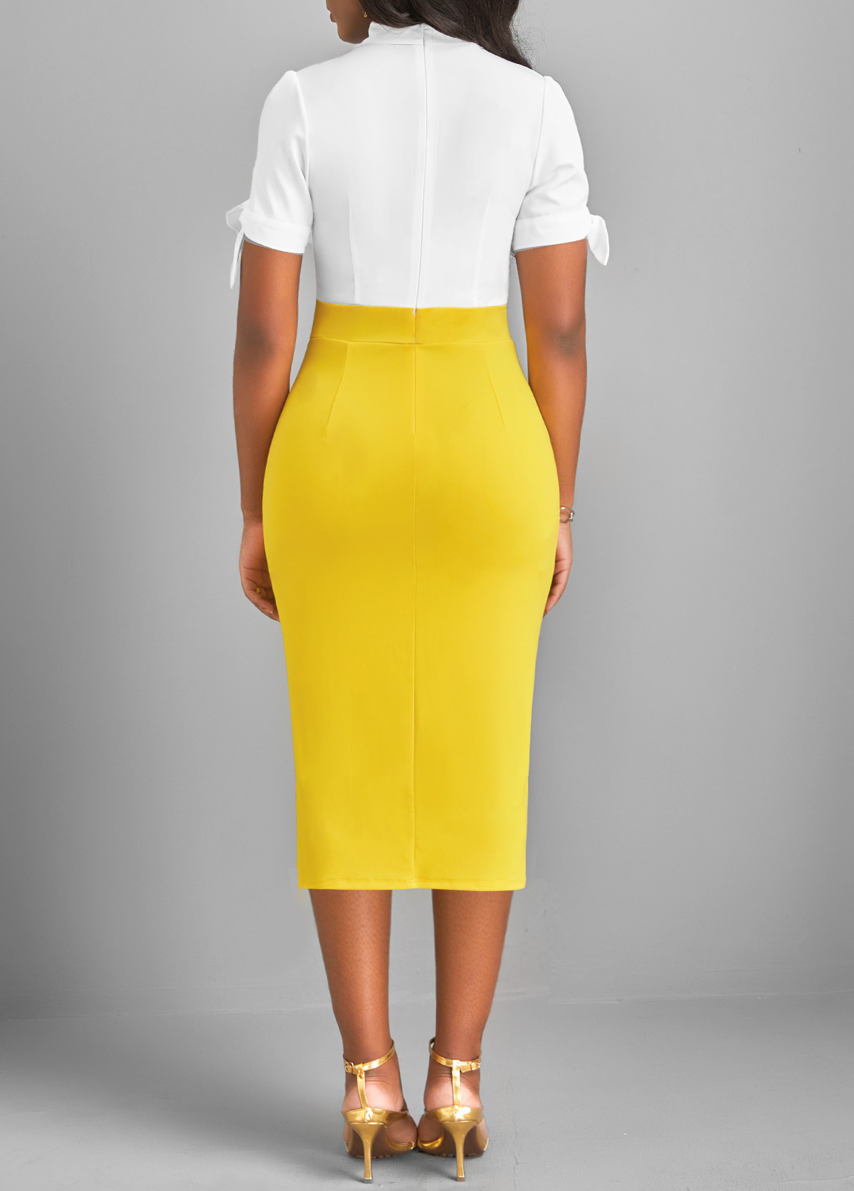 Yellow dresses,White dresses,Contrast Color dresses,ROTITA Split Yellow Tie Collar Short Sleeve Bodycon Dress
