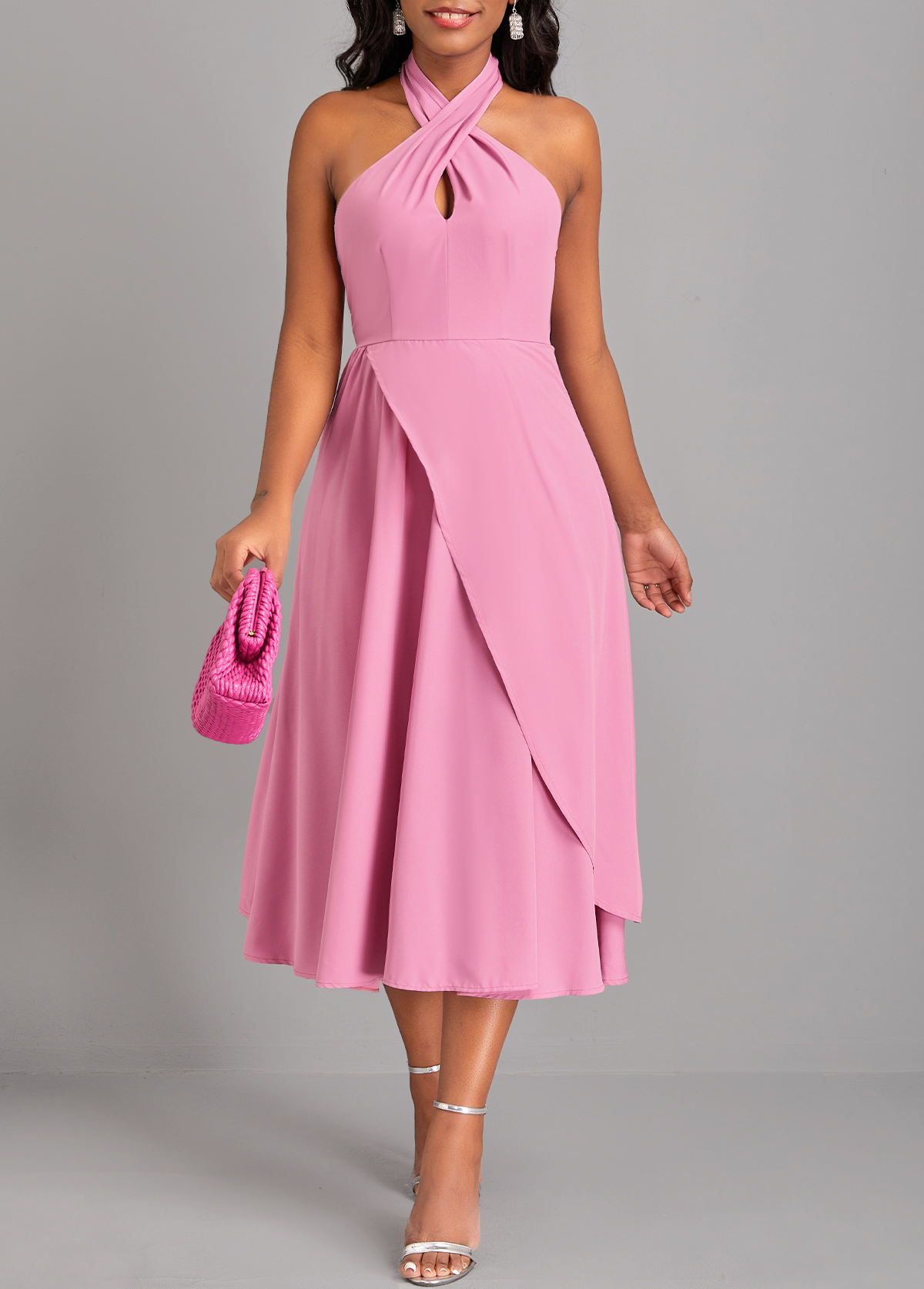 Pink dresses,Plain Color dresses,ROTITA Criss Cross Pink Layered Sleeveless Dress