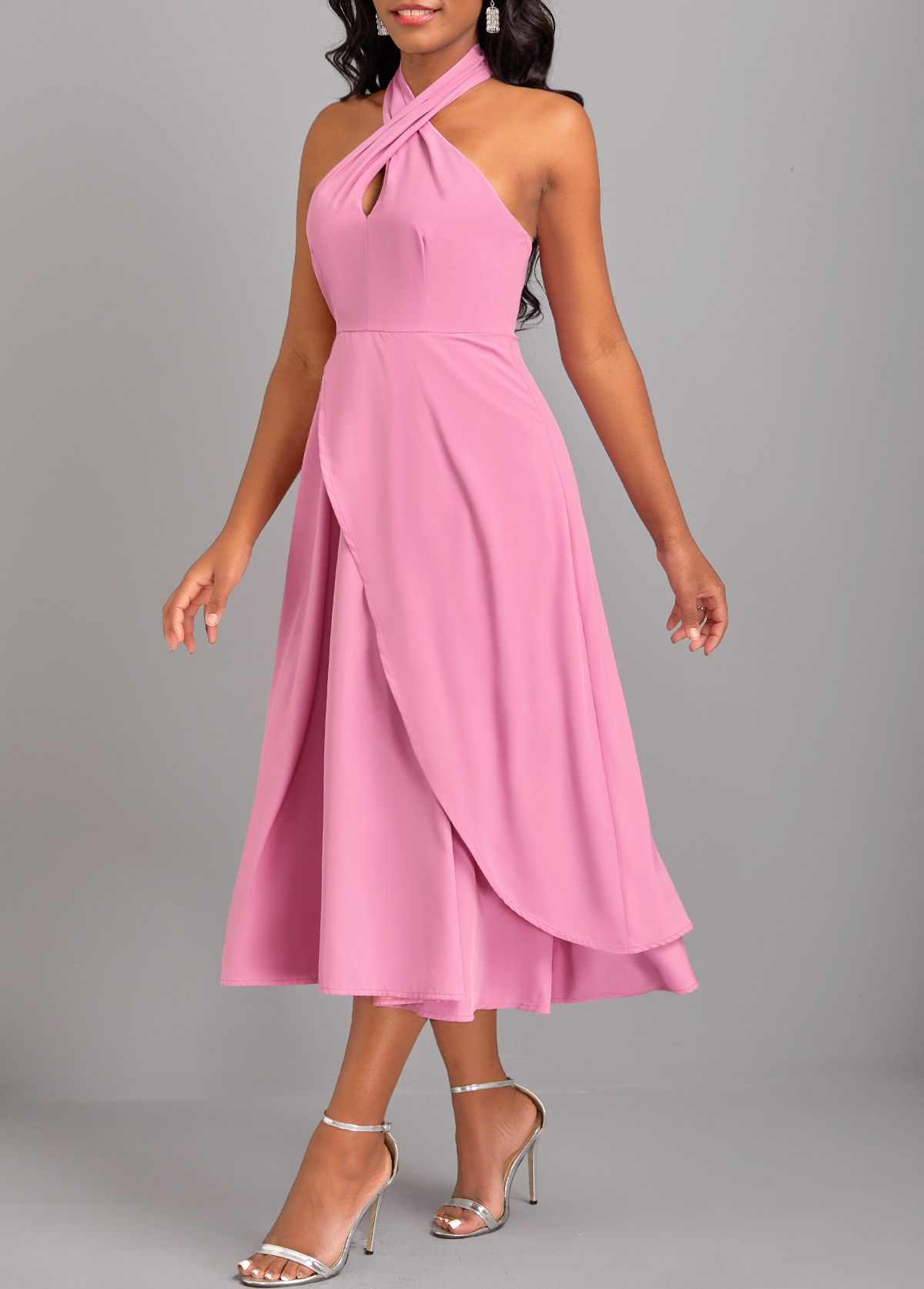 Pink dresses,Plain Color dresses,ROTITA Criss Cross Pink Layered Sleeveless Dress