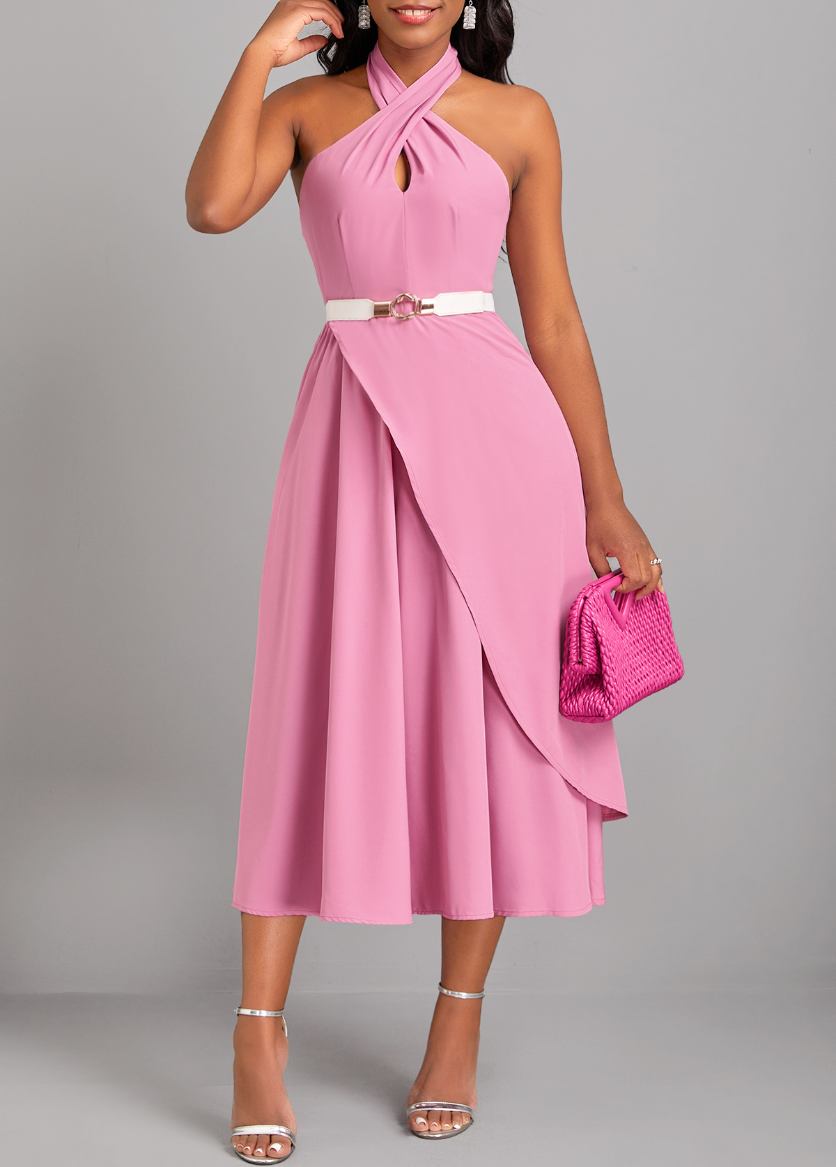 Pink dresses,Plain Color dresses,ROTITA Criss Cross Pink Layered Sleeveless Dress