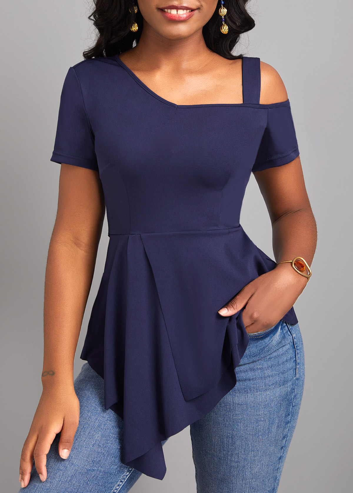 Navy tops,Plain Color tops,ROTITA Asymmetry Short Sleeve Navy Cold Shoulder Blouse